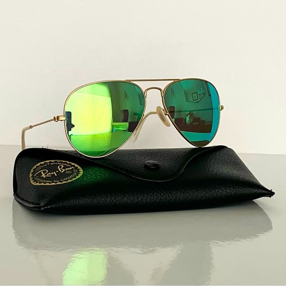 Rayban Aviator Sunglasses Matte Gold Frame/Green Flash Lenses